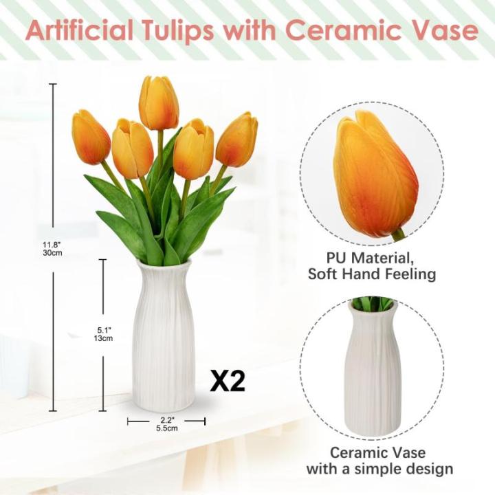 Kunstbloemen kunsttulpen bloemen als echte real touch tulpen, hoogte 30 cm, met vaas van keramiek, decoratieve kunstplant (oranje)