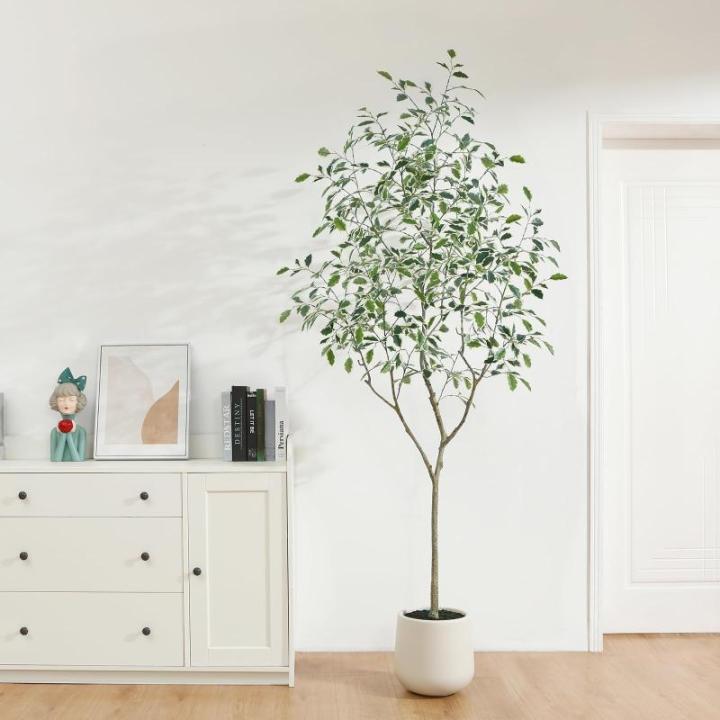 Ficus Benjamina Kunstplant 210 cm, witte pot, nep tropische plastic , groot voor woondecoratie, slaapkamer, tuin (1 stuks)
