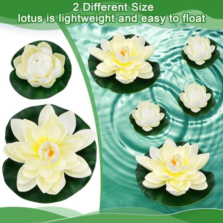 Kunstwaterlelie, 5 stuks, 10 cm en 18 cm, drijvende bloemen, waterlelie, wit, waterlelie, kunstbloemen, lotusbloem, kunstlotus, kunstdecoratie voor tuinvijver, decoratie