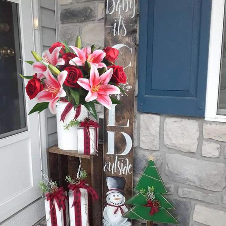 11xkünstliche Blumen, rote künstliche Rosen und rosa Tigerlilie, Seidenblumenstrauß für Hochzeit, Blumenarrangement, Geschenk, Party-Dekoration (Vasen nicht im Lieferumfang ent