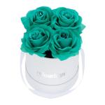Rozenbox rond, 4 rozen, stabiele bloemenbox, wit, 10 jaar houdbaar, cadeau-idee, decoratieve bloemenbox, turquoise, 14 x 13 x 13 cm