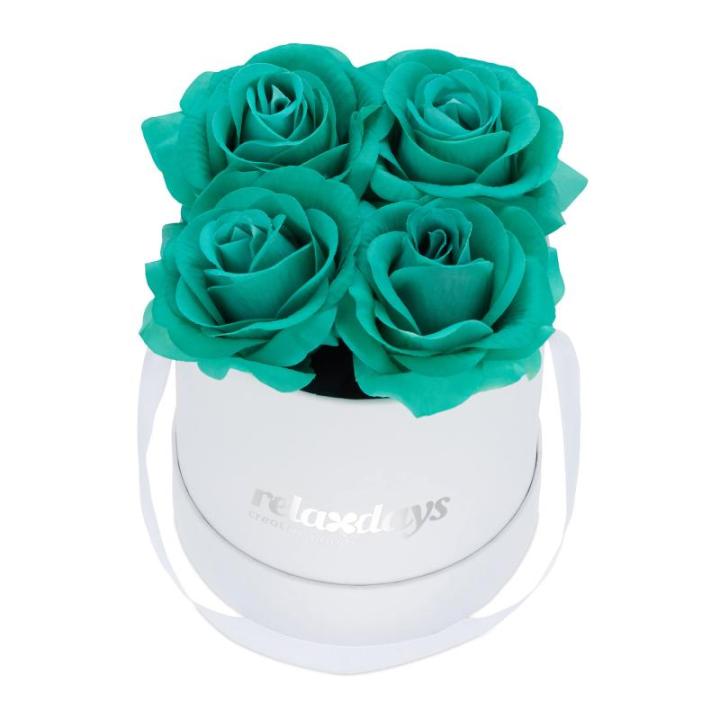 Rozenbox rond, 4 rozen, stabiele bloemenbox, wit, 10 jaar houdbaar, cadeau-idee, decoratieve bloemenbox, turquoise, 14 x 13 x 13 cm