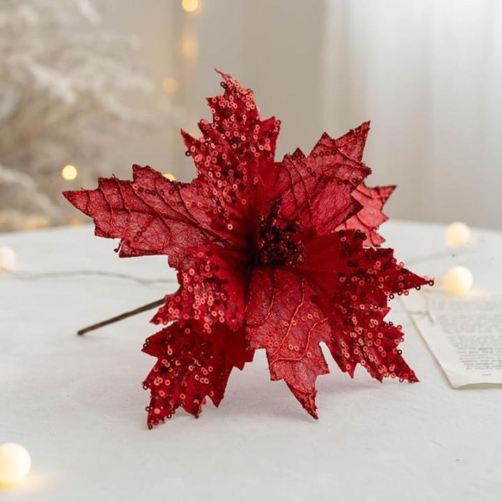 Poinsettia Blumen künstlich 8pcs 8x10in realistische Weihnachtsblumen mit Pailletten & Textur Stoff Poinsettias Künstliche Weihnachtsblumen, Rot, Poinsettias Künstliche Weihnach