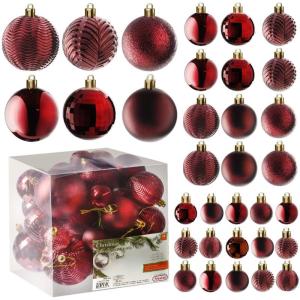 rode kerstbalornamenten voor kerstversiering - 36 stuks kerstboom onbreekbare ornamenten met ophanglus voor vakantie- en feestdecoratie (combo van 6 stijlen in 3 maten)