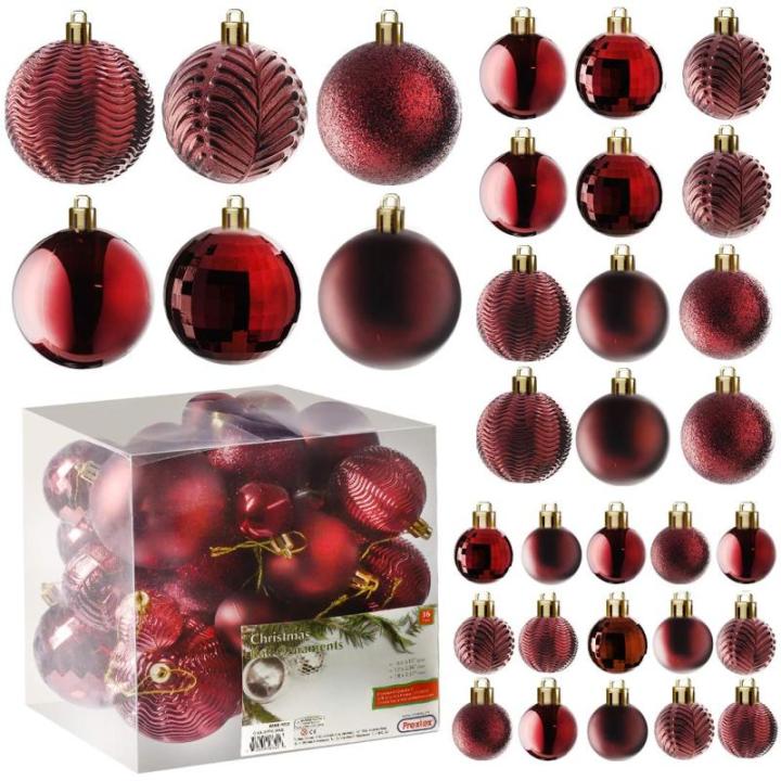 rode kerstbalornamenten voor kerstversiering - 36 stuks kerstboom onbreekbare ornamenten met ophanglus voor vakantie- en feestdecoratie (combo van 6 stijlen in 3 maten)