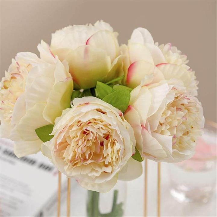 Simulation Blumenstrauß,Künstlicher Blumenstrauß Pfingstrose, 5er-Bouquet, echte Seidenblumen mit Stiel, cremefarbene Kunstblumen als Dekoration in großen Mengen(Yellow)