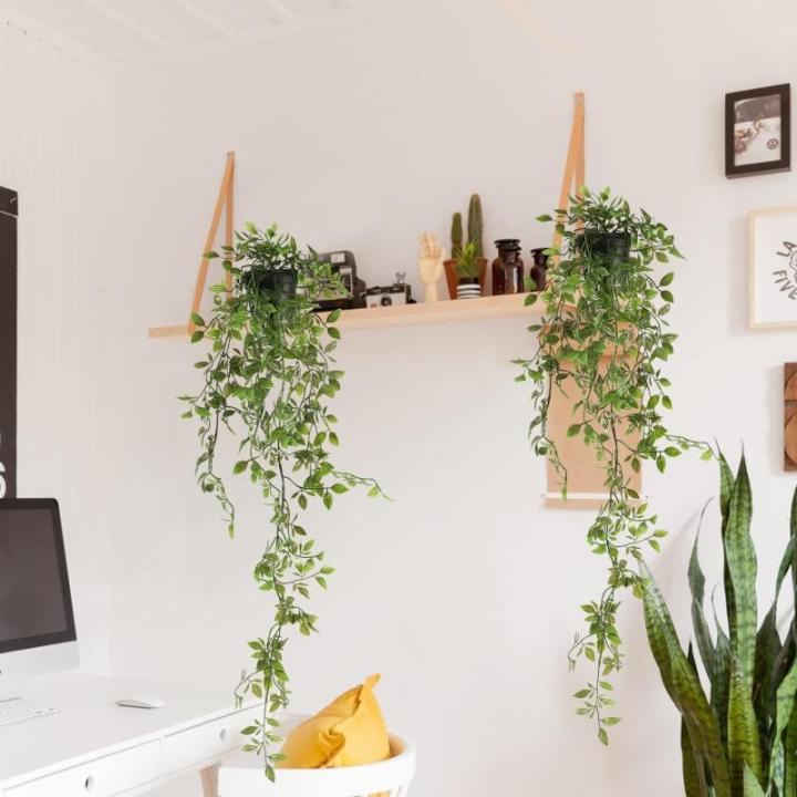 Set van 2 kunstmatige potplanten hangende wijnstokken groene hangende in potten faux hangende planten binnenshuis kamerplanten opknoping voor plank woonkamer badkamer keuken muur