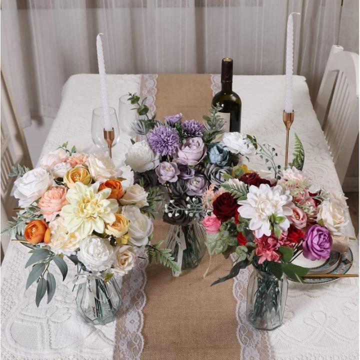 Kunstbloemkoppen, rozen, pioenrozen, dahlia's, bloemhoofden, zijden bloemen, voor feest, doe-het-zelf bruid, bruiloft, bloemstukken, combo decoratie (warm oranje)