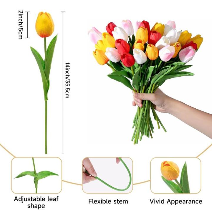 Kunsttulpen van latex, realistische kunsttulpen, boeket voor thuis, bruiloft, feest (wit + sakura-roos + zonsondergang-rood + geel + rood)
