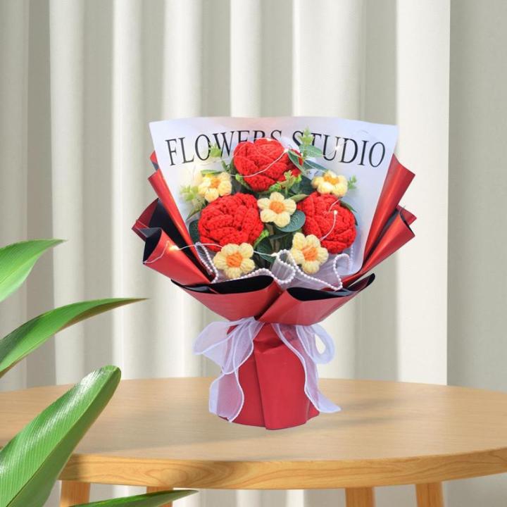 Gehäkelter Blumenstrauß mit Licht, Fertig Gestrickter Strauß, Kunstblume, Handgemachter Strickstrauß Zum Valentinstag, Rot
