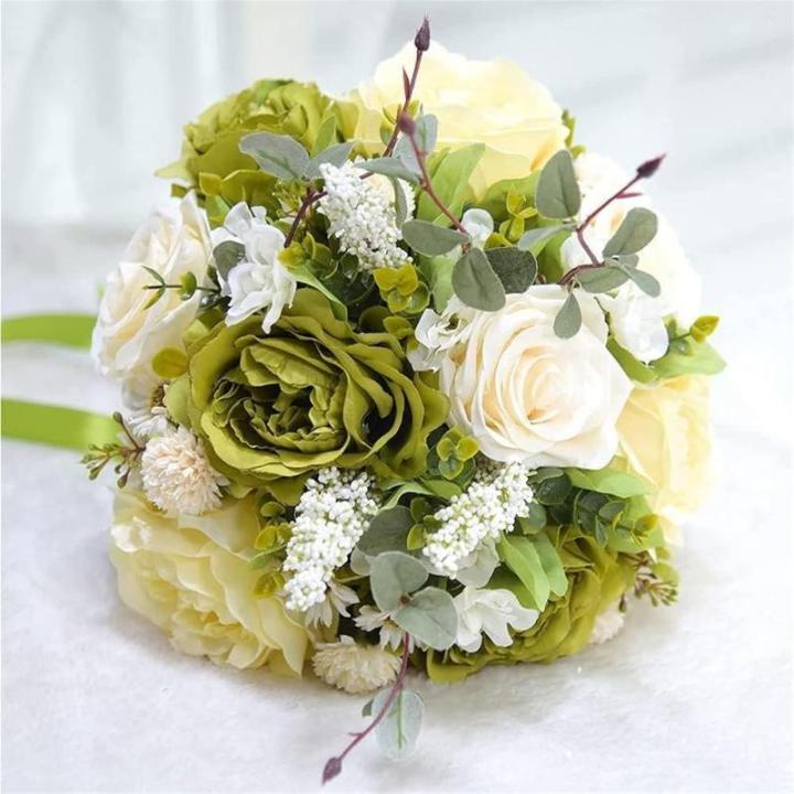Hochzeitsstrauß for die Braut mit künstlichen Blumen, 10-Zoll-Hochzeitssträuße, künstlich blühende Rosen, Brautjungfernstrauß, Seidenrosen-Wurfsträuße.(Green)