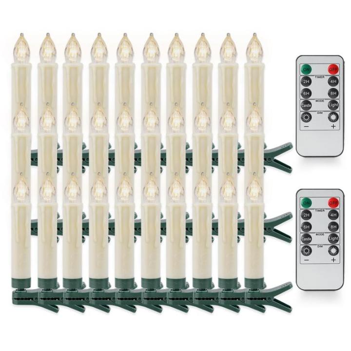 10,5 cm Set van 30 Vlamloze LED Plastic Clip Taper Kaarsen met Afstandsbediening voor Kerstboom, Waterbestendig Batterij Aangedreven Mini Clip-On Kaarsen met Timer, 2 Afstandsbedie