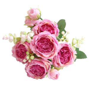 Simulation Blumenstrauß,Künstlicher Blumenstrauß Pfingstrose, 5er-Bouquet, echte Seidenblumen mit Stiel, cremefarbene Kunstblumen als Dekoration in großen Mengen(Rose Purple)