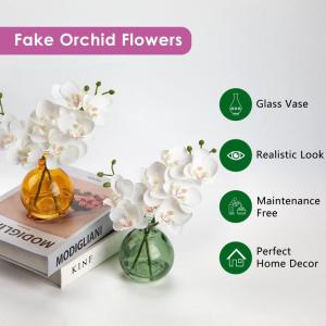 2 stuks kunstmatige orchideeën wit met amber glazen vaas, kunstplant decoratie orchideeën kunstbloemen in vaas met Real Touch bloemen, kunstorchideeën, kunstmatige bonsai voor h