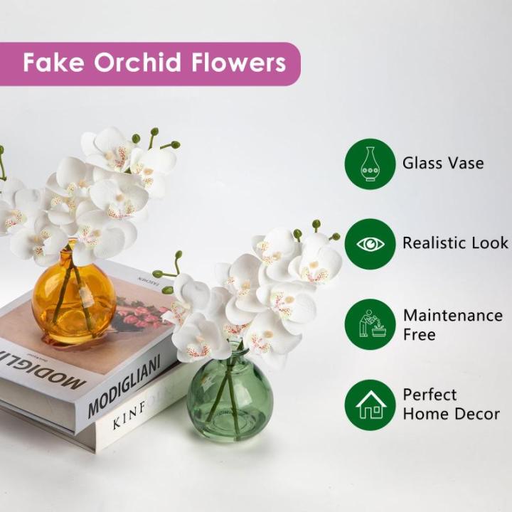 2 stuks kunstmatige orchideeën wit met amber glazen vaas, kunstplant decoratie orchideeën kunstbloemen in vaas met Real Touch bloemen, kunstorchideeën, kunstmatige bonsai voor h