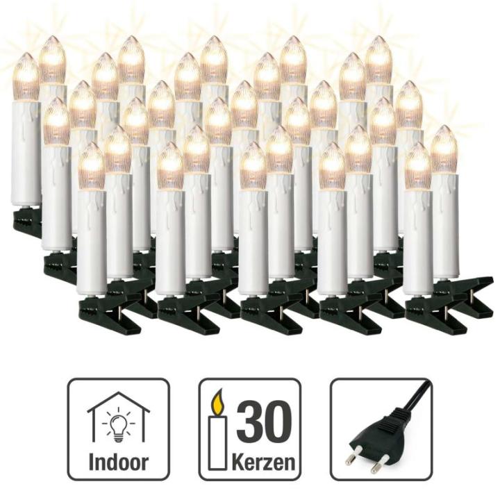 Lichtketting kaarsen kerstboom, kaarsen lichtketting binnen met clip, 30 lampen, verlichte lengte 1160 cm, afstand 40 cm kabel groene schacht wit, voedingskabel 1,5 m, voor binnen 