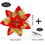 20 Stück Weihnachten Glitzer Weihnachtsstern Blumen mit Clips, Poinsettia Weihnachtsblume Glitzernde für Weihnachtsbaum Dekorationen (Gold Rot)