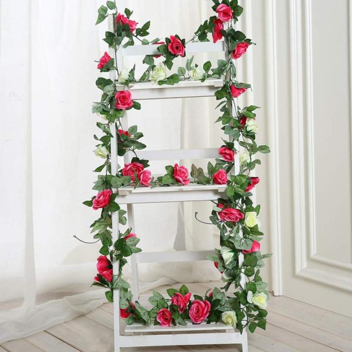 guirlande met kunstrozen, 2 stuks, 220 cm, hangende bloemen van zijde voor outdoor, indoor, bruiloft, badkamer en wanddecoratie (roze/rood)