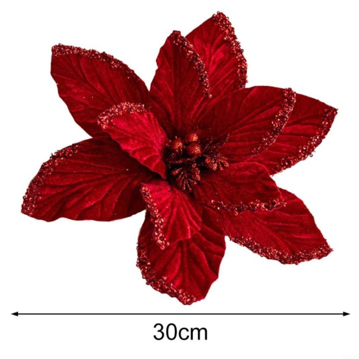 30 cm Weihnachtsblumen, weihnachtliche Glitzer-Weihnachtssterne, Weihnachtsbaumschmuck-Anhänger, handgefertigte Weihnachtsdekoration, künstliche Blumen(Rot)