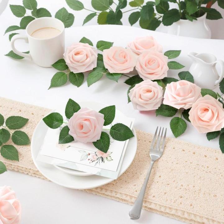 Kunstbloemen, roze rozen, 30 stuks, 8 cm, boeket, kunstdecoratie, bloemen, kunstrozen met stelen en kaart voor Valentijnsdag, tuin, verjaardag, feest, doe-het-zelf bruiloftsdecorat