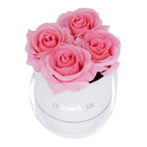 Rozenbox rond, 4 rozen, stevige bloemenbox, wit, 10 jaar houdbaar, cadeau-idee, decoratieve bloemenbox, roze, 14 x 13 x 13 cm