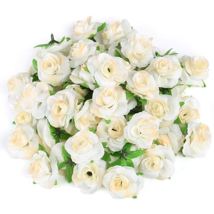 Kunstbloemkoppen, 50 stuks, kunstbloemen, rozen, voor bruiloft, feest, decoratie, doe-het-zelf (diameter 4 cm, crème)