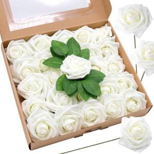 25 stuks kunstmatige witte rozen, boxset, bloemenschuimrozen, nepbloemendecoratie voor taartdecoratie, bruiloft, bloemstukken, verjaardagsdecoratie