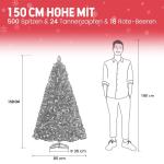 arivoo Binja Opvouwbare kerstboom, versierd met 500 takken, 24 dennenappels, 18 bessen en standaard, buigbare pvc-punten met sneeuwvlokken, moeilijk ontvlambaar (H150 cm)