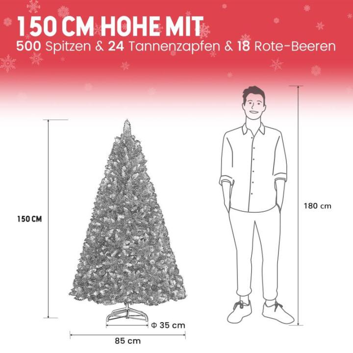 arivoo Binja Opvouwbare kerstboom, versierd met 500 takken, 24 dennenappels, 18 bessen en standaard, buigbare pvc-punten met sneeuwvlokken, moeilijk ontvlambaar (H150 cm)