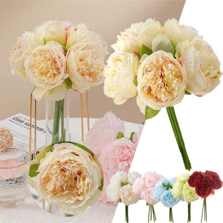 Simulation Blumenstrauß,Künstlicher Blumenstrauß Pfingstrose, 5er-Bouquet, echte Seidenblumen mit Stiel, cremefarbene Kunstblumen als Dekoration in großen Mengen(Yellow)
