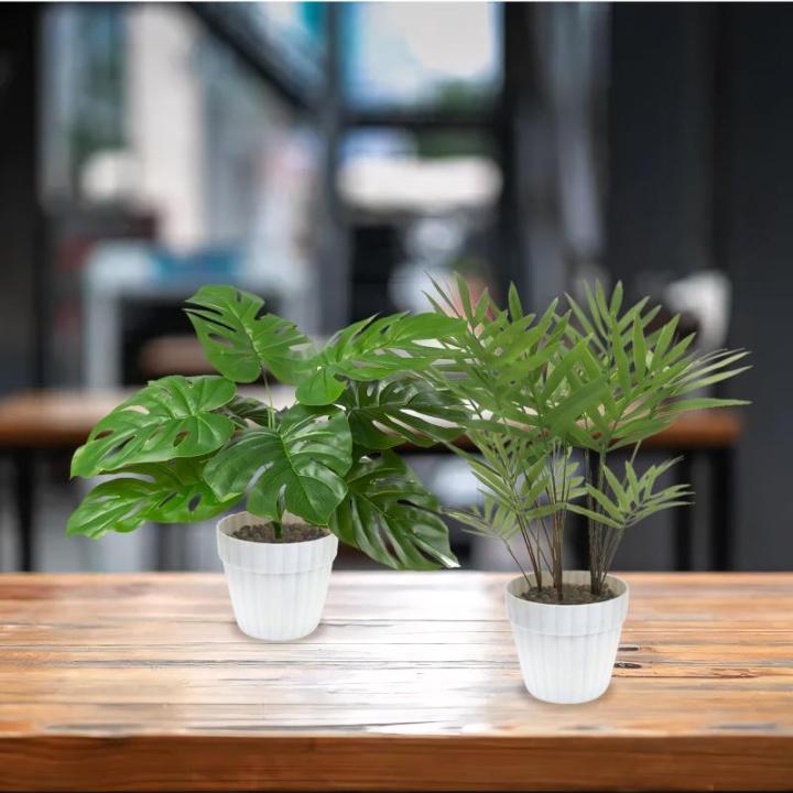 Set van 2 , zoals echt in witte bloempot, Monstera en Areca kunstpalm (25 cm), kunstplant voor decoratie woonkamer, decoratie slaapkamer, badkamerdecoratie,