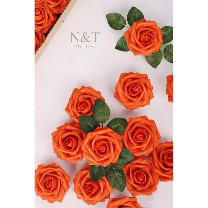 Kunstbloemen voor bruiloft, 25 stuks, kunstrozen met steel, voor Moederdag, doe-het-zelf boho-decoratie, bloemstukken, bloemstukken, boeketten, tafels, woondecoraties, herfstoranje