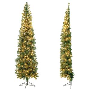 210cm Kunstmatige halve kerstboom met verlichting, kunstboom met 150 LED-lampjes, hoekkerstboom snelle montage, slanke kerstboom met metalen standaard, voor kantoor, thuis, feest