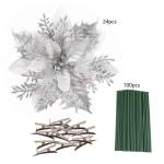 Künstliche Weihnachtsblumen, 24 Stück, Weihnachtsbaum-Blumen mit Clips, Weihnachtsbaumschmuck, künstliche Blumenornamente für Winter, Hochzeit, Party, Kranz, Dekoration (weiß)