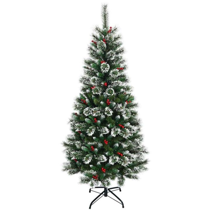 150/180/210/240 cm kunstkerstboom met rode bessen, sneeuwbedekte dennenboom met metalen standaard, pvc- en dennennaalden, kunstboom, kerstklapsysteem (180 cm)