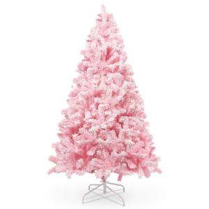 210 cm kerstboom bevlokt roze met volle vlokken decoratie met sneeuwvlokken, 1200 takpunten dennenbladeren van pvc en stabiele basis, kerstboom voor kerstdecoraties