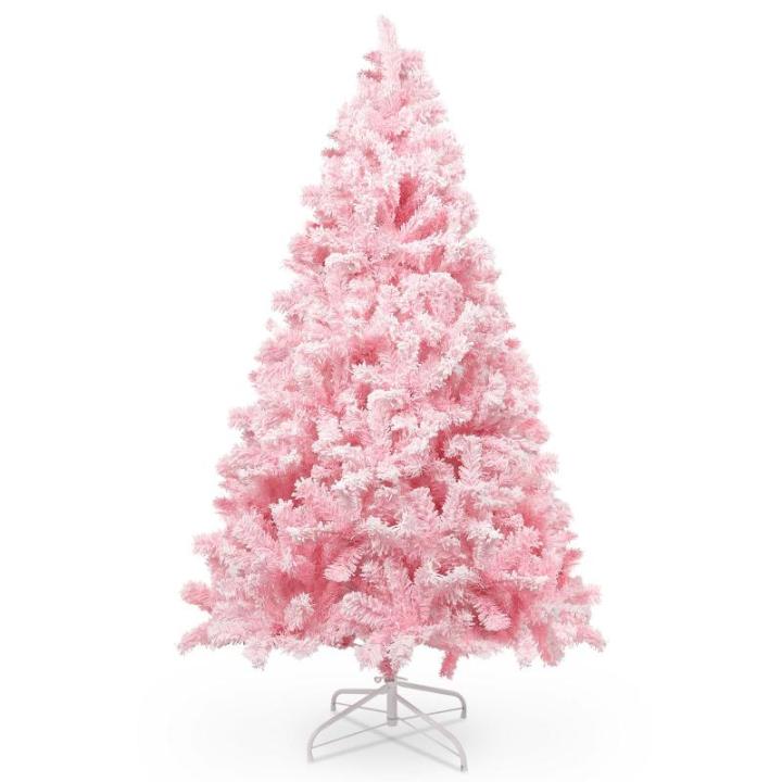210 cm kerstboom bevlokt roze met volle vlokken decoratie met sneeuwvlokken, 1200 takpunten dennenbladeren van pvc en stabiele basis, kerstboom voor kerstdecoraties
