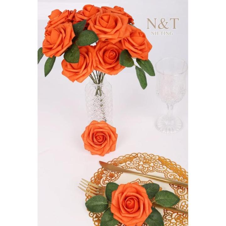 Kunstbloemen voor bruiloft, 25 stuks, kunstrozen met steel, voor Moederdag, doe-het-zelf boho-decoratie, bloemstukken, bloemstukken, boeketten, tafels, woondecoraties, herfstoranje
