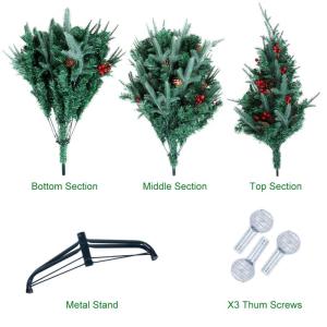 180 cm kerstboom met 15 m 300 leds lichtsnoer, pvc + PE kunstkerstboom met boom 688 takken/53 gemengde dennennaalden/53 rode bessen voor Kerstmis feestelijke decoratie