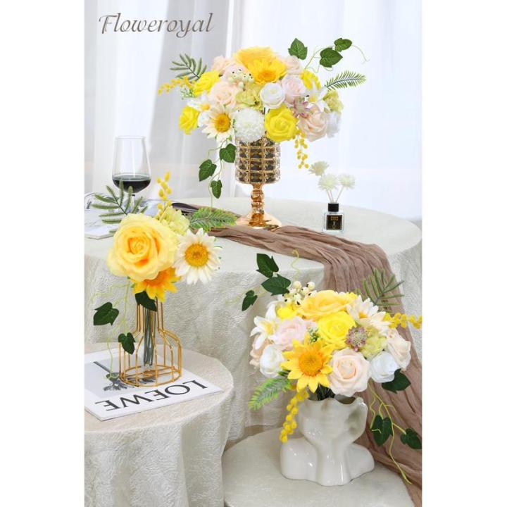 Künstliche Blumen Combo gelbe Blumen Mix Seidenblumen gefälschte Rosen mit Stielen für DIY Hochzeit Brautsträuße, Babyparty, Blumenarrangement, Tischdekoration, Heimdekoration