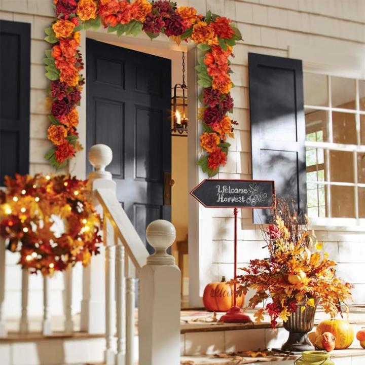 Kunstmatige herfstslinger met pioenroos, hortensia en herfst, pompoen, kunstbloemenkrans, decoratie voor tuin, bruiloft, open haard, feest, oogstfeest, herfstdecoratie