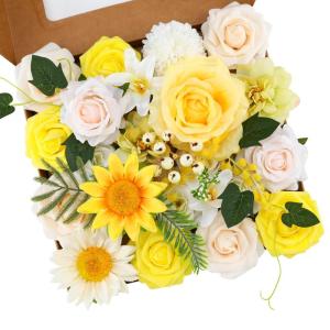 Künstliche Blumen Combo gelbe Blumen Mix Seidenblumen gefälschte Rosen mit Stielen für DIY Hochzeit Brautsträuße, Babyparty, Blumenarrangement, Tischdekoration, Heimdekoration