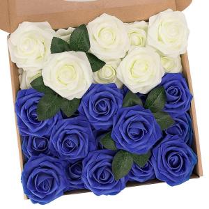 Kunstbloemen, rozen, 25 stuks kunstrozen met steel, doe-het-zelf decoratie, voor bruiloft, boeketten, bruid, woondecoratie, ivoor en blauw