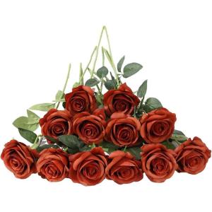 12 stuks Kunstmatige Rozen, 53cm Kunstrozen Enkele Lange Steel , Realistische voor Bruiloftsboeket, Thuis Tuin Woonkamer Hotel Kantoor Decoratie (Bruin)