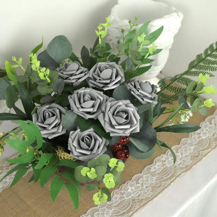 Künstliche Rosen Blume, 25 Stück Schaumrosen Fake Rosen mit Stielen für Hochzeit Blumensträuße Braut Babydusche Party Zuhause Dekoration, Silbrig