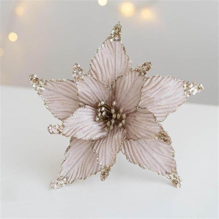 5 Stück Weihnachtsblume, Glitzer Weihnachtsblumen Weihnachtsstern, Simulation Künstliche Weihnachtsblumen, für Weihnachtsbaumschmuck Hochzeit Party Kranz Dekor (Champagner,25 cm