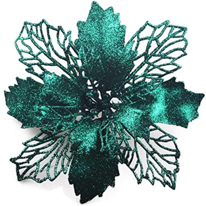 24 Stück Weihnachtsblumen für Weihnachtsbaumdeko, Weihnachten Funkeln Weihnachtsstern Blumen mit Clips für Hochzeit Weihnachtsbaum Neujahr Ornamente (Grün,16 cm)