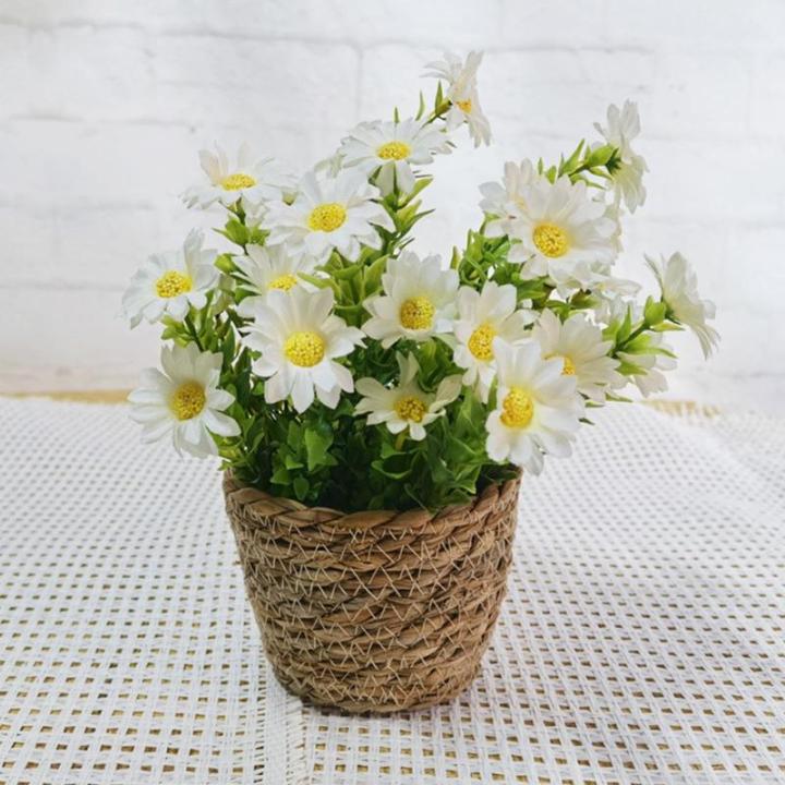 Künstliche Blumen im Topf,Künstliche Topfblumen,Blumenarrangement mit Gänseblümchen im Rattantopf | Seidiger künstlicher Gänseblümchen-Rattan-Topf-Bonsai für die Tischdekor