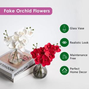 2 stuks rode kunstorchideeën, met zwarte glazen vaas, kunstplant, decoratie, orchideeën, kunstbloemen in vaas met echte touch, kunstorchideeën, kunstbonsai voor hotel, woonkamer