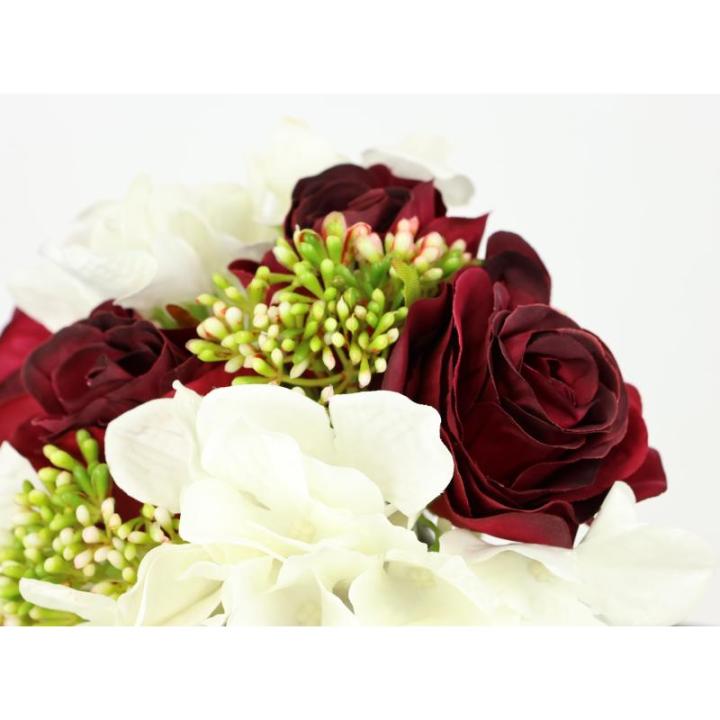 Kunstrozenboeket met hortensia, rozen, boeket, kunstboeket, zijden bloemen, boeket, hortensia-boeket, kunstbloemen, bruiloft, wijnrood/wit